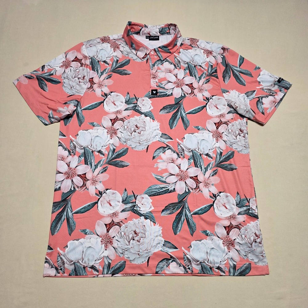 Bad Birdie Men XL Pink Floral Performance Golf Polo Shirt Short Sleeve Stretch